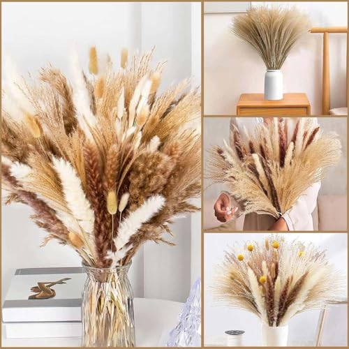 120PCS Decoración de Hierba de Pampas Secas Naturales,Colas de Conejo de Hierba Natural de la Pampa,Decoraciones de Hierba de Pampa Seca,Ramo de Hierba Carrizo para Sala de Estar,Cocina,Boda,Fiestas