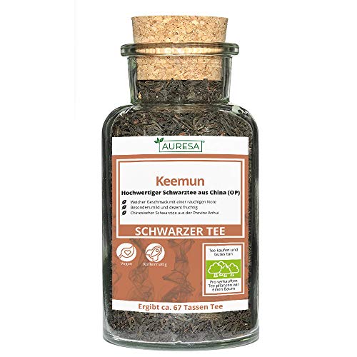 AURESA Schwarztee Keemun im Glas | Loser Tee aus China - 100g | Wiederverwendbare Glasflasche mit Korkverschluss