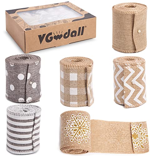 VGOODALL Burlap Ribbons, 6 Rolls Jute Ribbons Christmas Ribbons Wired Ribbons 20 Yards for Crafts Gift Wrapping Decor