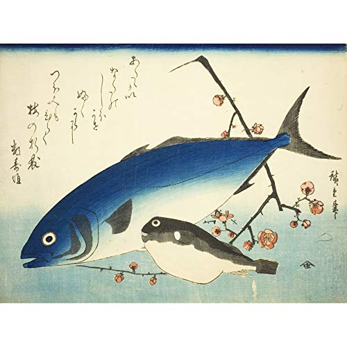 Hiroshige Yellowtail Tuna Blowfish Plum Painting Art Print Canvas Premium Wall Decor Poster Mural