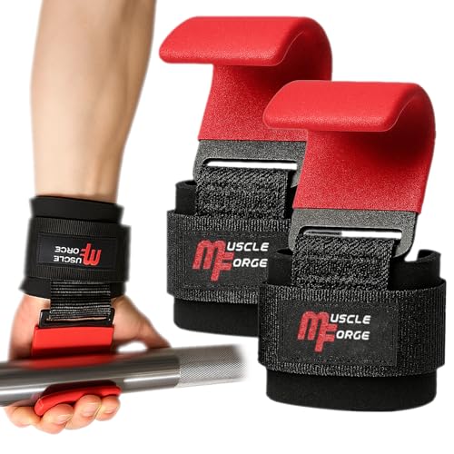MuscleForge Weight Lifting Hooks for Men & Women, Heavy Duty Steel Grip Hooks with Neoprene Wrist Support, Up to 250kg, for Deadlifts, Pull Ups, Rows & Shrugs, Adjustable Universal Fit