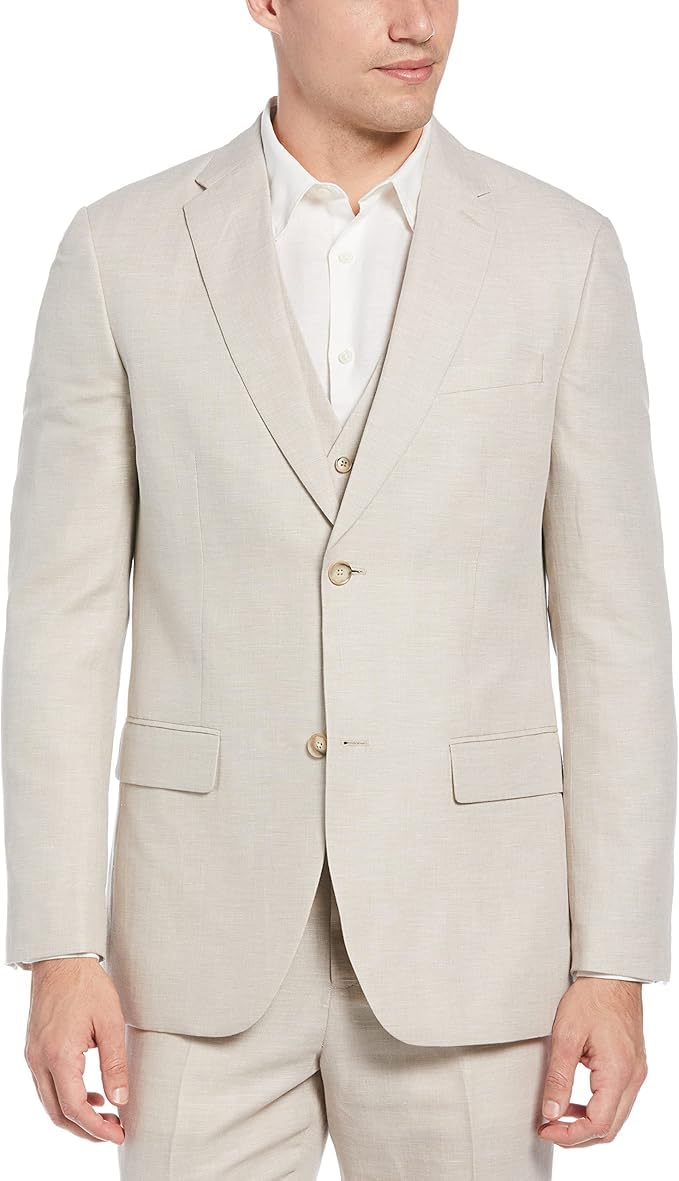 Perry Ellis Men’s Linen-Blend Suit Jacket, Breathable Single Breasted Blazer, Regular Fit, with Chest Pocket (Sizes 36-54), 50 Long (Big), Natural Linen Herringbone