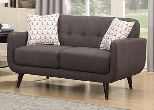 AC Pacific Crystal Collection Upholstered Charcoal Mid-Century Tufted Loveseat with 2 Accent Pillows, Charcoal