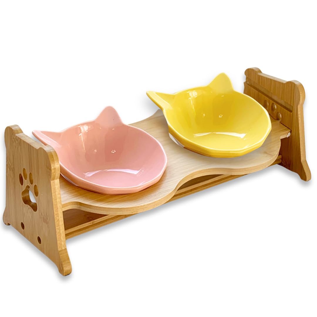 cat mom 組み立て不要 猫 陶器 食器 スタンド付 ダブル 餌入 食べやすい フードボウル 猫用 犬用 高さ調節 傾斜 食器台 餌台 すぐ使える (いちごばなな（ピンク＆イエロー）) の商品画像