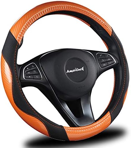 AmeriLuck Steering Wheel Cover for Car, Universal 15 inch, Odorless, Breathable, Anti-Slip, Sporty, Soft and Snug Grip, Carbon Fiber Effect (Orange | Back)