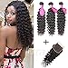 8A Brazilian Virgin Hair Deep Wave Bundles With Closure 100% Human Hair Bundles With Closure Unprocessed Virgin Hair Bundles Hair Weave Deep Curly Human Hair Extensions(14 16 18+14 free part)