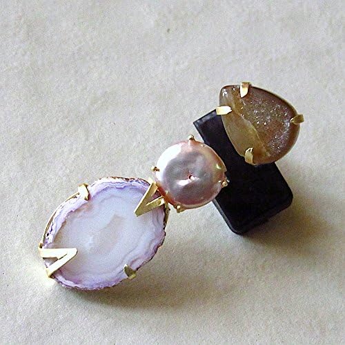 White Agate Slice Ring with Brown Druzy and Pearls, Boho Style Multi Gemstone Ring, Chunky Ring, Cocktail Ring from Enhara Jewels