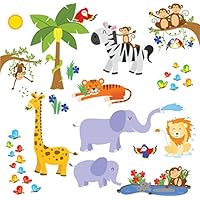 treepenguin Kids Jungle Animals Wall Decals - Cute Safari Theme Wall Stickers for Baby Toddler Boys & Girls Rooms - Peel and Stick Bedroom and Nursery Decor