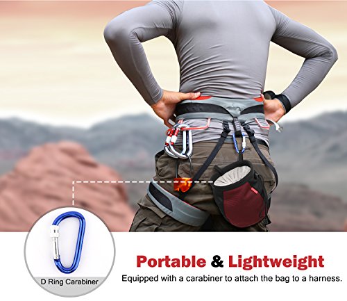 Rhino Valley Chalk Bag, Rock Climbing Chalk Bag No Leak Strawstring Bag with Adjustable Belt and Carabiner for Climbing, Gymnastics, Weight Lifting - Black & Red - Thumbnail 4