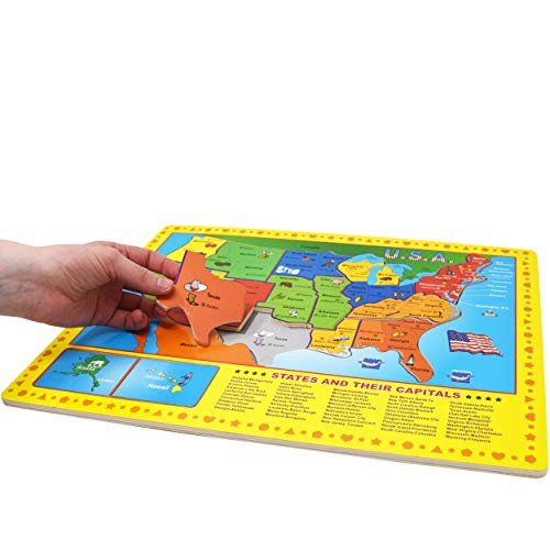 USA Map Wooden Puzzle - 17 Large Jigsaw Puzzle Board, Learn Geography of United States of America and Capitals, Educational Fun Learning Toy for Kids Girls and Boys