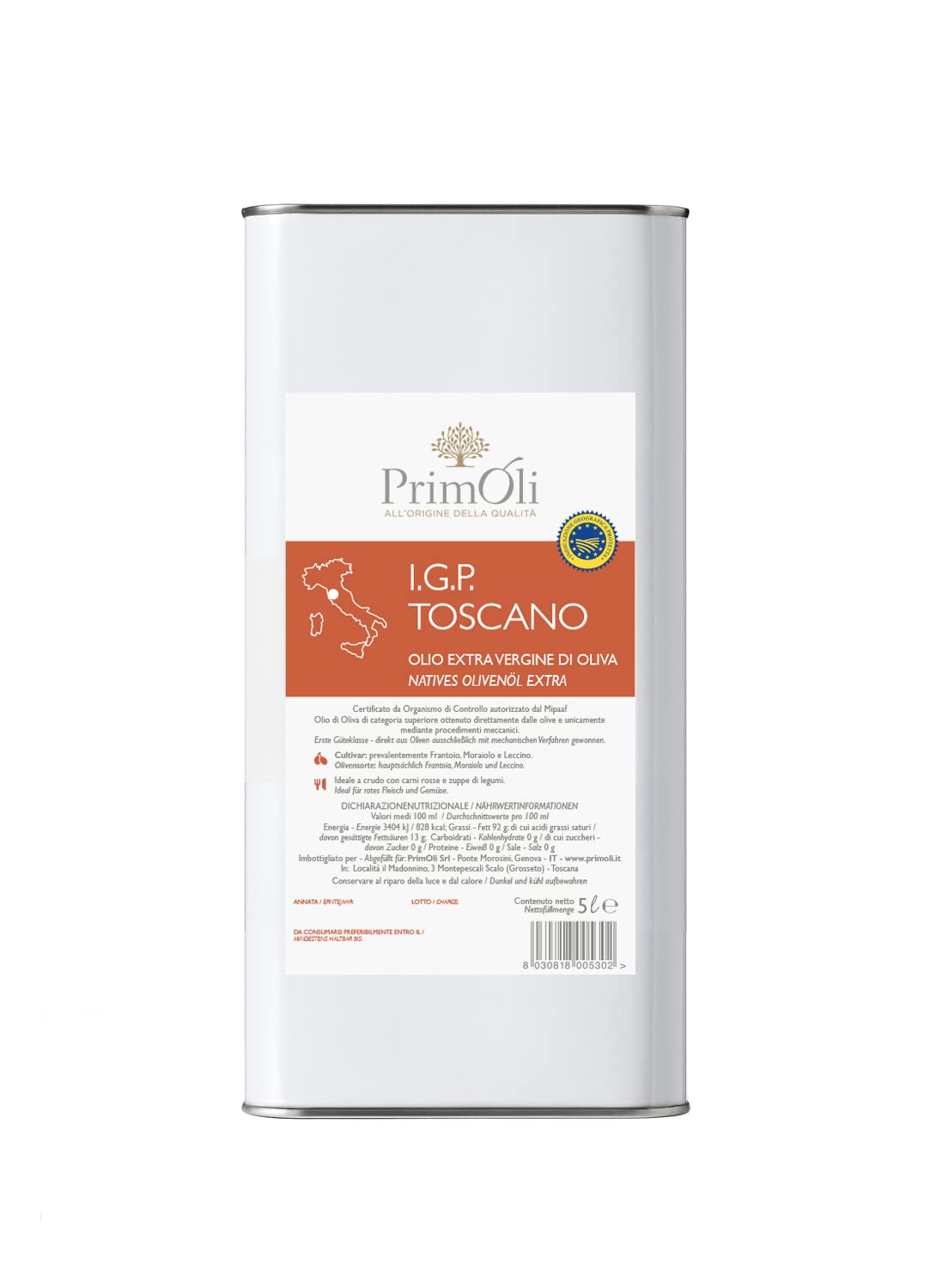 PrimOli Kaltgepresstes Olivenöl I.G.P. TOSCANO von Früchten der TOSCANA, intensiv fruchtig, zu rustikalen Suppen, Carpaccio mit Rucola, Bruschetta oder Wild, 5000ml