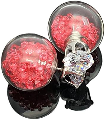 Round Ball Stud Earrings Double Sided Bling Cubic Zirconia Ear Stud Plug Pin Earring (Pink ball)