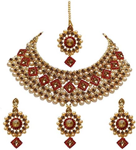 Urbanela Traditional Kundan & Pearl Latest Choker Necklace, Maang Tika and Earring Bridal Jewellery Set for Women : URGB02-GOLDENRED