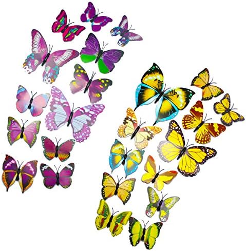 Fonxian Christmas 3D Butterfly Wall Decals Removable DIY Home Decorations Art Decor Wall Stickers &amp; Murals for Babys Bedroom TV Background Living Room (24pcs Purple + Yellow)