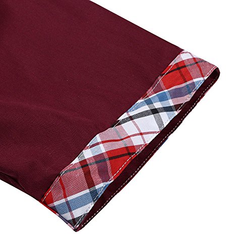 Ximandi Men's Summer Double Collar Slim Patchwork Short Sleeved T-Shirt Top Blouse Wine Red