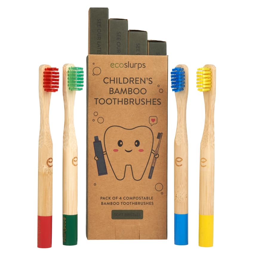 EcoSlurps Childrens Bamboo Toothbrushes - British Brand Multipack of Kids Bamboo Toothbrush (4 Count, Multicolour)