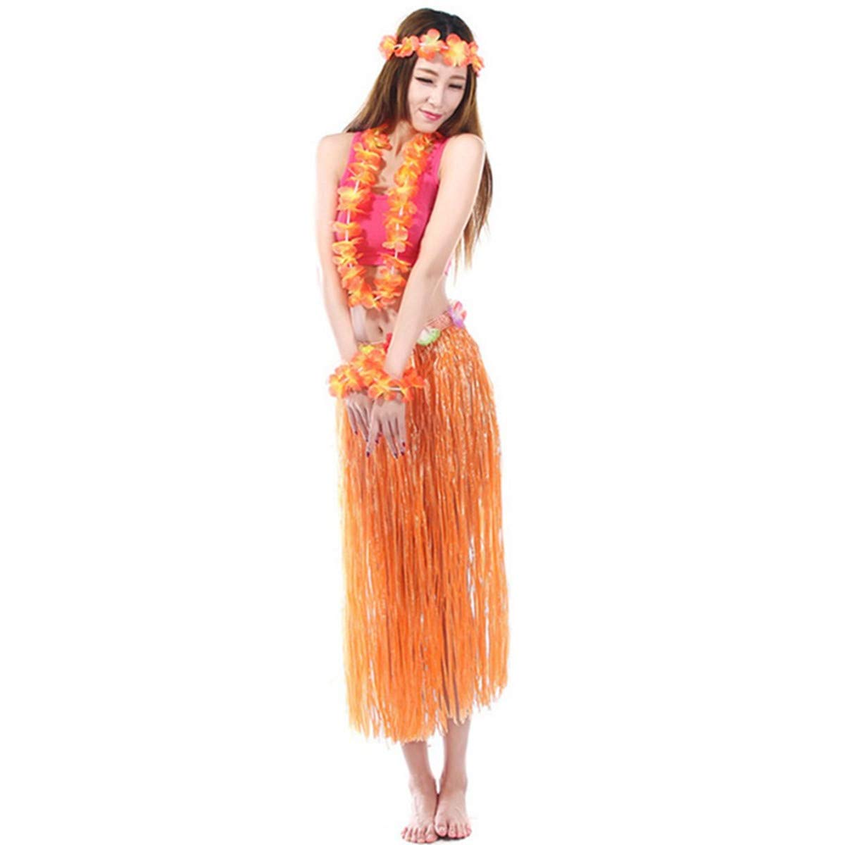 BJ-SHOP Hawaiian Girl Skirt,Hula Skirt with Flower Headband Garland Wrist Flower and Skirt Hawaiian Grass Skirt for Girls Women Hawaiian Luau Beach Party