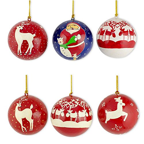 BestPysanky Set of 6 Santa and Reindeer Wooden Christmas Ball Ornaments