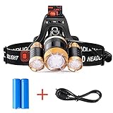 STCT Street Cat Brightest LED Rechargeable Headlamp, 5000 lumens 4 Modes Waterproof Headlight LED, CREE Headlamp Flashlight Zoomable 3 LEDs, Improved 18650 Batteries
