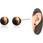 Teppdfann Tiger Eye Stone Stud Earrings Brown Ball Earrings 14K Gold Plated 8mm Round Gemstone Earrings for Women Tiger Eye Jewelry for Gift
