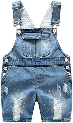 Ameyda Unisex Kids Boys Bib Jeans Overalls Ripped Holes Denim Shorts Blue
