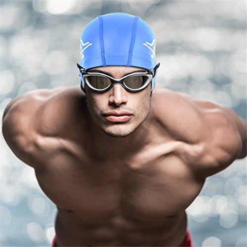 Mai Poetry Swimming Goggles + Swim Cap + Nose Clip + Ear Plugs,Swim Goggles Anti Fog UV Protection for Adult Men Women Youth Kids Child (Blue)