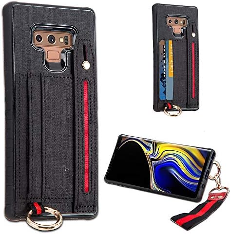 LUXCA Wallet Case for Samsung Note 9; Professional Leather Zipper Wallet Pocket Purse Handbag Wrist Strap snap on case for Samsung Galaxy Note 9 (Black)