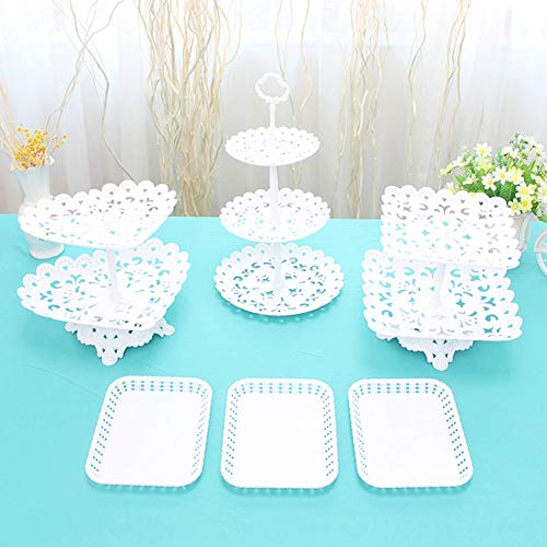 Dessert Stand Set of 6 Pieces Includes 3 Tier 2 Tiers Square/Heart/Round Cupcake Holder Rectangular Plate Tray for Wedding Birthday Party Fruits Desserts Candy Bar Display White