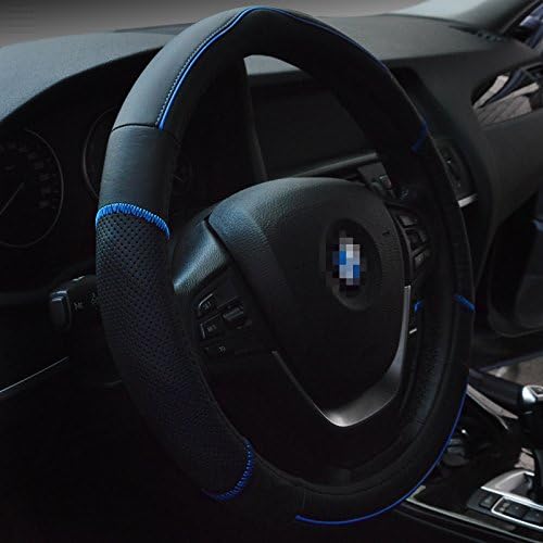 GripDrive Pro Top Leather Steering Wheel Cover Accent Stitching Ride Car Line- 15 Inch Emboss Comfort Grip (Black/Blue line)