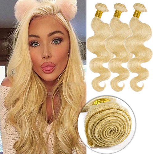 #613 Bleach Blonde Human Hair 3 Bundles 300g Body Wave Unprocessed Brazilian Virgin Human Hair Sew in Extensions for Women Wavy Curly Hair Weave 20"