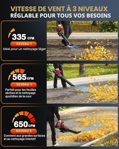 Souffleur de Feuilles sans Fil avec Écran LCD, 3 Vitesses, 2×4.0Ah Batteries et Chargeur Rapide, Souffleur Électrique Léger pour Entretien du Jardin, Allée, Feuilles, Poussière et Neige