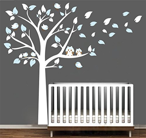 LUCKKYY Cute Owls with Birds Stand on The Tree Wall Decals Tree Wall Decals Tree Wall Sticker for Kid Baby Nursery Room (87x78) (Blue)