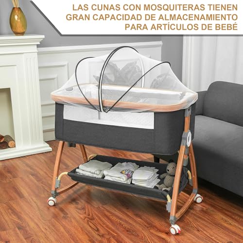 Muja Cuna Multifuncional, Colecho para Padres, Cuna con Mosquitero, Portátil, Ajustable, Convertible a Mecedora, Rueda Silenciosa, Cesta de Almacenamiento(Gris Oscuro)