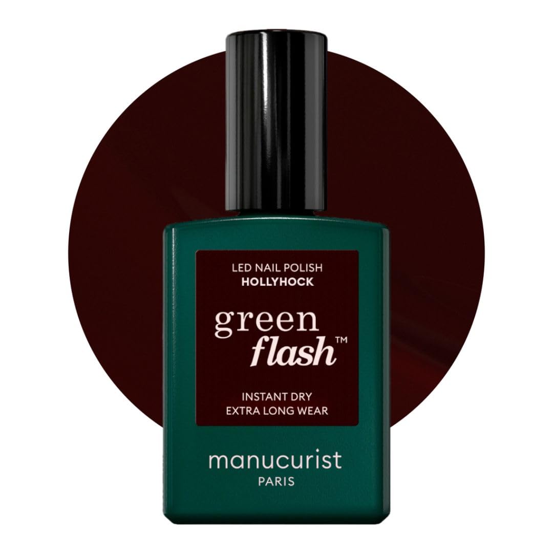 Manucurist Green Flash LED Hollyhock - Black Cherry Red Gel Nail Polish - Blackish Red Gel Polish - Vegan, 12-Free, Plant-Based - Strengthens and Protects the Nail - Made in France - 15 ml