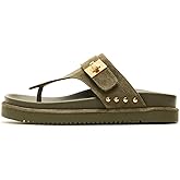 Bouwno Green Platform Flip Flops for Women Leather Beach Thong Footbed Sandals Open Toe Comfortable Casual Slides Dressy Soft Cushion Arch Support