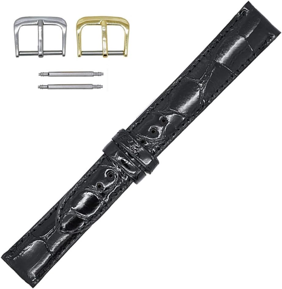 Real Leather CreationsMade in The USA - Genuine Alligator - Padded Stitched – Glazed Shiny - Watch Strap Band - Gold and Silver Buckles Included – Factory Direct