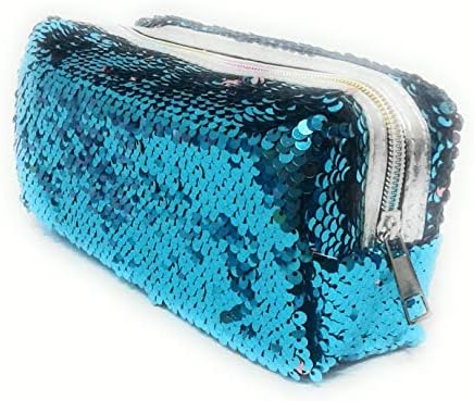 Sardar Ji Toys Attractive Reversible Sequins Pencil Case Organizer Mermaid Pouch for Girls Makeup Cosmetic Holder Purse Glitter Clutch Purse (20CM X 9CM X 8CM) (Sky Blue/Golden)