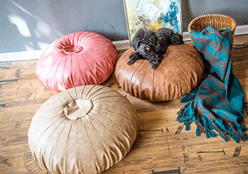 RISEON Boho Handmade Faux Leather Moroccan Pouf Footstool Ottoman Leather Poufs Unstuffed 25.6" x 9.84" -Round Floor Cushion Footstool for Living Room, Bedroom and Under Desk (Tan)