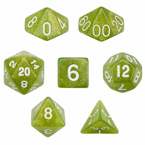 7 Die Polyhedral Dice Set - Serpent (Green Glitter) with Velvet Pouch By Wiz Dice - Thumbnail 6