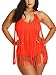 Pandolah Women Plus Size Tassel Fringe Padded Bikini Bandeau One Piece Swimsuits (2XL, Orange-5)