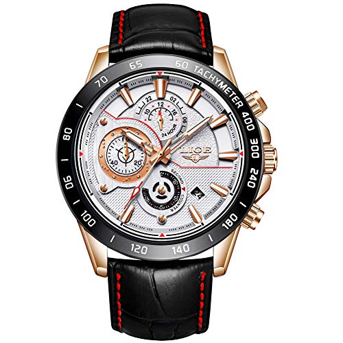 LIGE Men Watch Automatic Date Quartz Watch Men Luxury Brand Waterproof Sports Watch Leather Military Gold White Watch