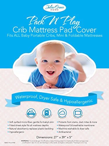 Pack n Play Crib Mattress Cover by Julia Grace Home | Mini Crib Mattress Protector | Organic Ultra Soft Fabric is Waterproof, Hypoallergenic, Machine Washable | Fits All Portable and Mini Cribs