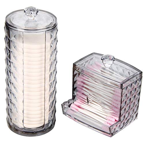 WELTRXE Cotton Swab Dispenser, Cotton Round Holder, Bathroom Vanity Countertop Storage Organizer Canister Jar with Lid for Q-Tips, Cotton Rounds, Balls, Cotton Swabs, Makeup Sponges - 2 Pack