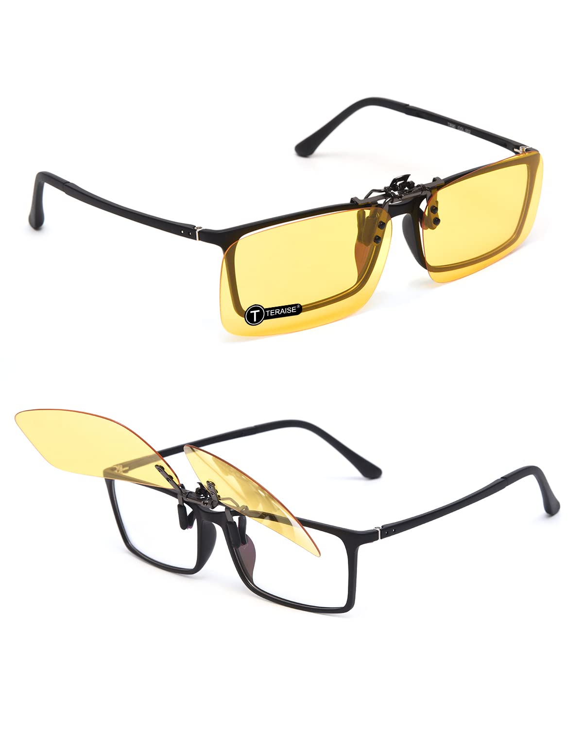TERAISE Clip on Sunglasses for Men Women,Polarized Yellow Night Vision Glasses Clip On, UV400 Anti-Glare, Flip-Up for Driving Cycling Hiking Fit Over Prescription Glasses(Flip-up Yellow-yellow)