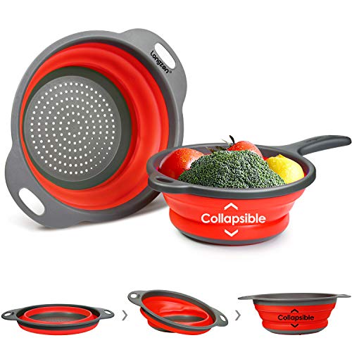 Longzon 2 Collapsible Colander Strainer Set, Over the Sink Vegetable/Fruit Silicone Colanders Strainers with Extendable Handles 2 Quart and 9.5" - 3 Quart Red and Grey