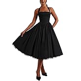 Women Summer Halter Dress Low Cut Sleeveless A Line Tulle Swing Flowy Tea Length Dress Corset Prom Formal Ball Gowns