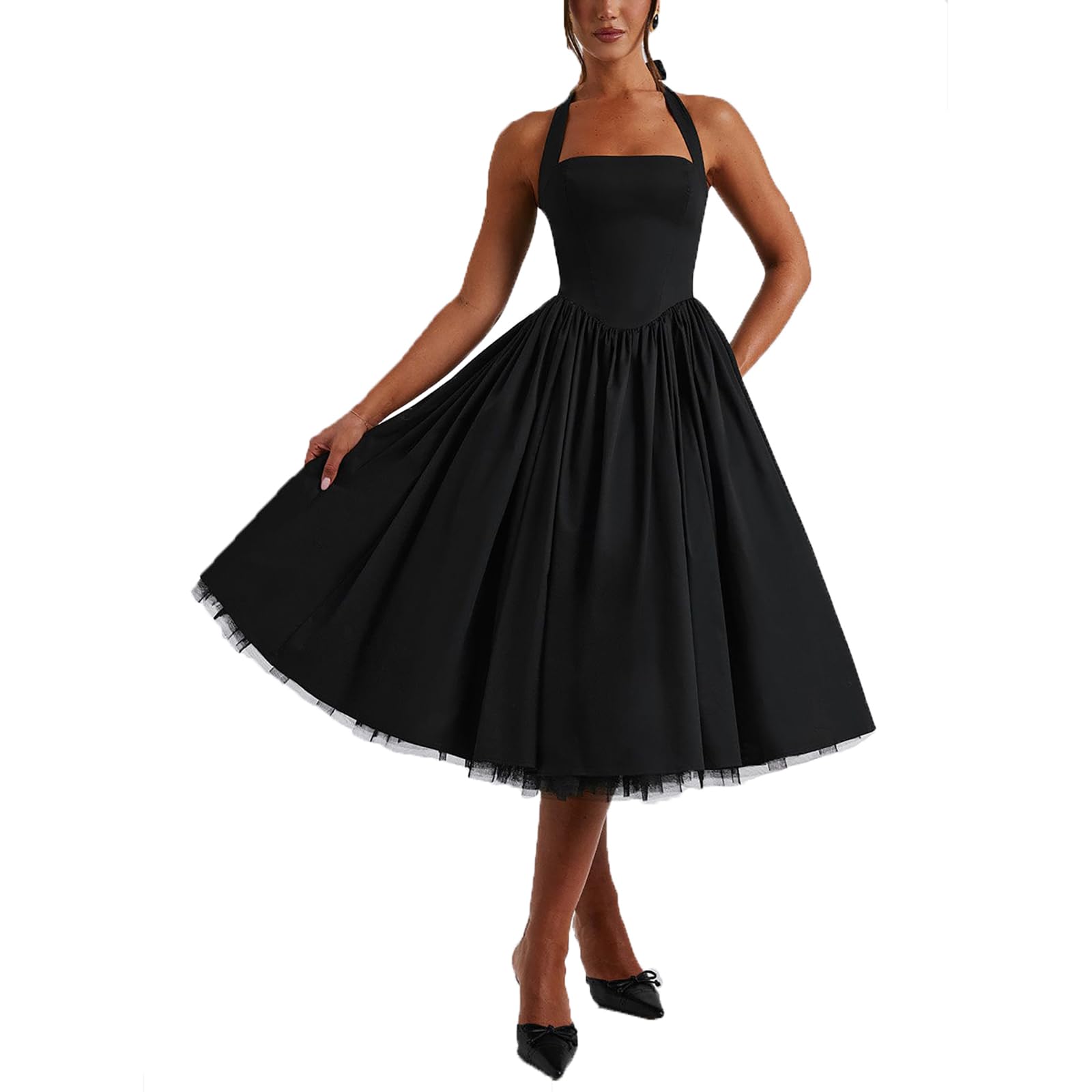 Photo 1 of Women Summer Halter Dress Low Cut Sleeveless A Line Tulle Swing Flowy Tea Length Dress Corset Prom Formal Ball Gowns (Black, X-Large)