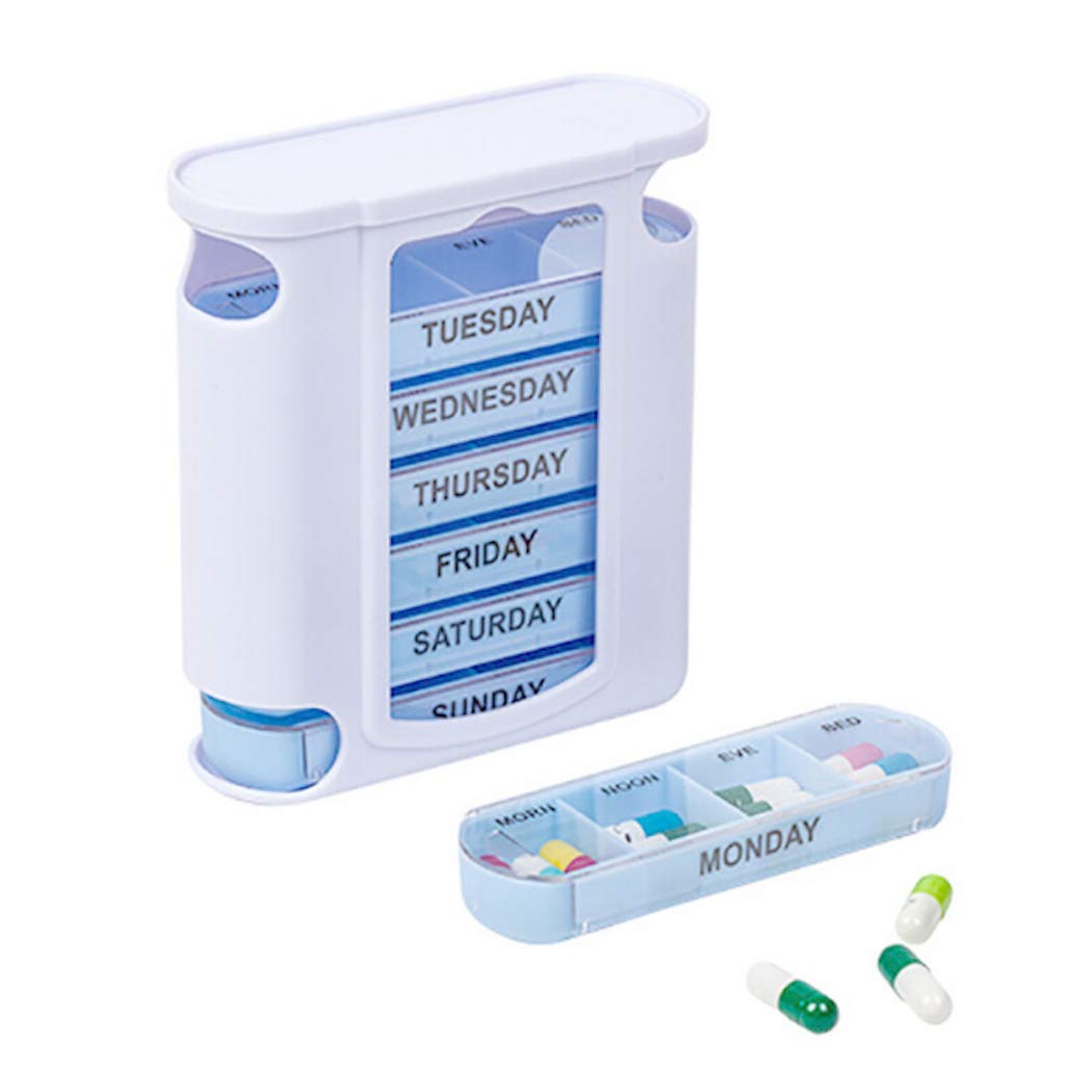 Hoshen Transparent Blue Drawer Type 1 Week Pill Box, 4 Reminders Per Day, Portable Pill Box and 28-Compartment Pill Box, Suitable for Carrying Medicines, Vitamins and Fish Oil Supplements