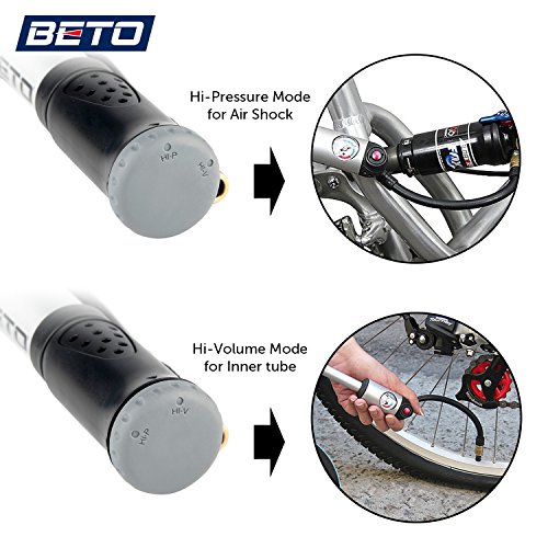 beto 2 in 1 Shock Tire 2-Stage Mini Pump, High Pressure 300 Psi / 21 Bar for Presta, Schrader Mountain Bike Road Bicycle- Mounting Bracket Included (White)