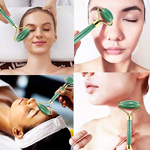 Jade Roller Rose Quartz Roller for Face - Natural Jade Facial Face Roller Massager Face Gemstone Healing Toning Skincare Tool for Anti Aging Wrinkle Removal Slim Face(Green Color)